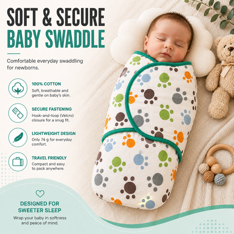 100% Cotton Baby Swaddle with Hook-and-Loop (Velcro) Fastening Small/Medium 3.2–6.4 kg Soft Breathable Baby Wrap - Paws