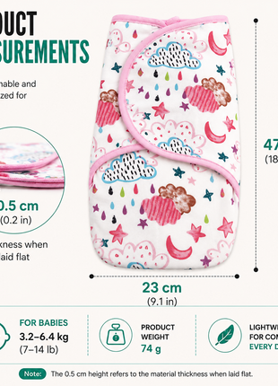 100% Cotton Baby Swaddle with Hook-and-Loop (Velcro) Fastening Small/Medium 3.2–6.4 kg Soft Breathable Baby Wrap - Night