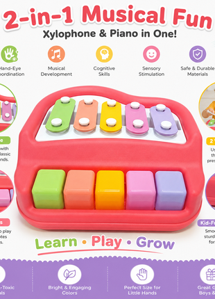 2‑in‑1  Pink Piano Xylophone Toy for Kids – 8‑Tone Musical Instrument with Drum Sticks