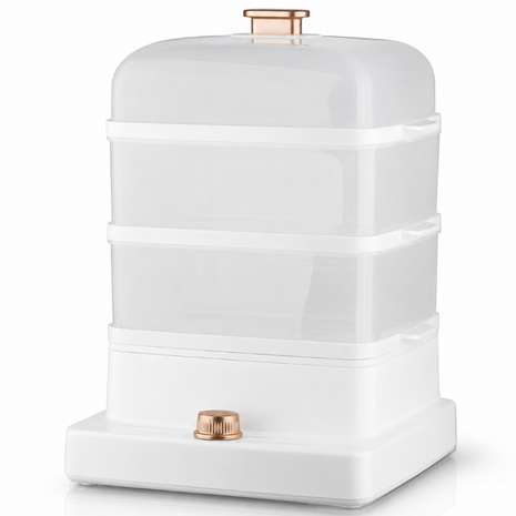 3-Tier Electric Food Steamer, 12L Capacity, 1000-1200W, 1300mL Water Tank, Transparent Polycarbonate Baskets, White & Rose Gold Countertop Cooker