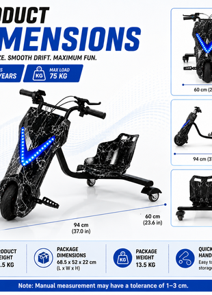 3-Wheel Electric Drifting Trike 36V 3.6Ah – ABS Body, Bluetooth Music, PU Wheels