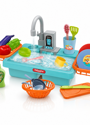 Kids Electric Play Kitchen Sink Toy Set with Running Water Faucet, 19-Piece Pretend Play Dishes & Food