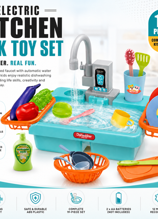 Kids Electric Play Kitchen Sink Toy Set with Running Water Faucet, 19-Piece Pretend Play Dishes & Food