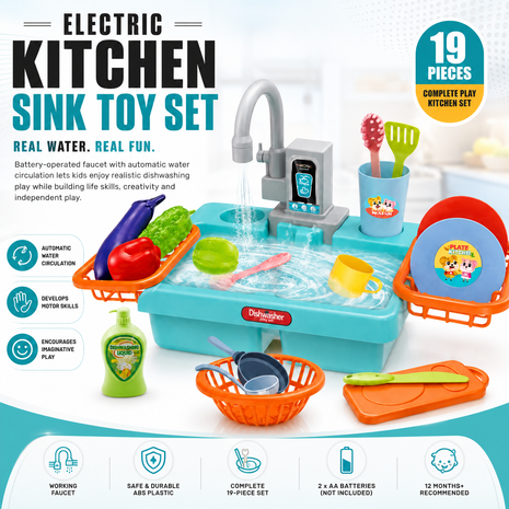 Kids Electric Play Kitchen Sink Toy Set with Running Water Faucet, 19-Piece Pretend Play Dishes & Food