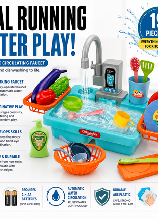 Kids Electric Play Kitchen Sink Toy Set with Running Water Faucet, 19-Piece Pretend Play Dishes & Food