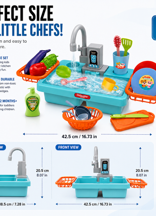 Kids Electric Play Kitchen Sink Toy Set with Running Water Faucet, 19-Piece Pretend Play Dishes & Food