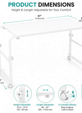 Height Adjustable Bedside Table on Wheels – Over‑Bed Laptop Desk, Lockable Wheels