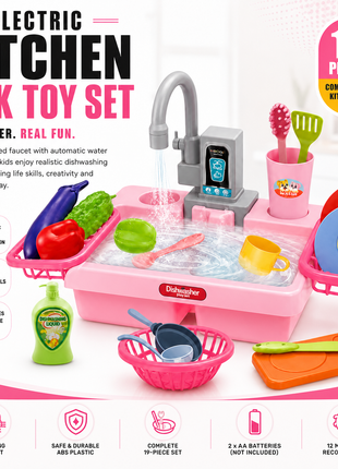 Kids Electric Play Kitchen Sink Toy Set with Running Water Faucet, 19-Piece Pretend Play Dishes & Food