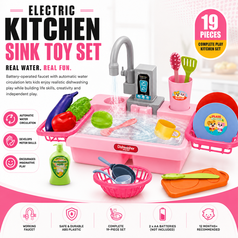 Kids Electric Play Kitchen Sink Toy Set with Running Water Faucet, 19-Piece Pretend Play Dishes & Food