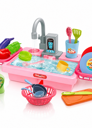 Kids Electric Play Kitchen Sink Toy Set with Running Water Faucet, 19-Piece Pretend Play Dishes & Food