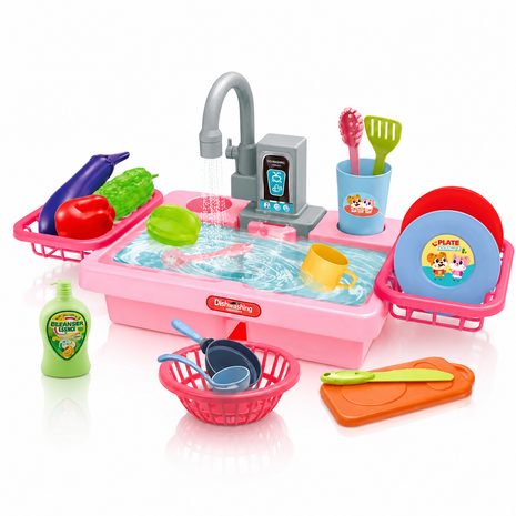 Kids Electric Play Kitchen Sink Toy Set with Running Water Faucet, 19-Piece Pretend Play Dishes & Food