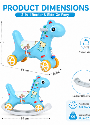 2-in-1 Toddler Rock and Ride Pony – Convertible Rocker/Ride-On – Blue