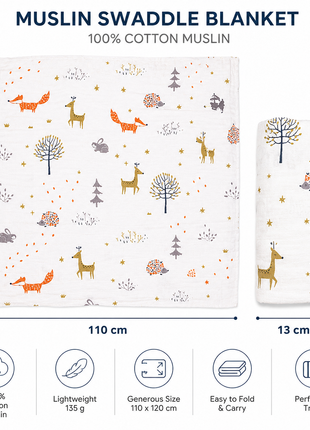 Muslin Swaddle Blanket, With Woodland Animal Print