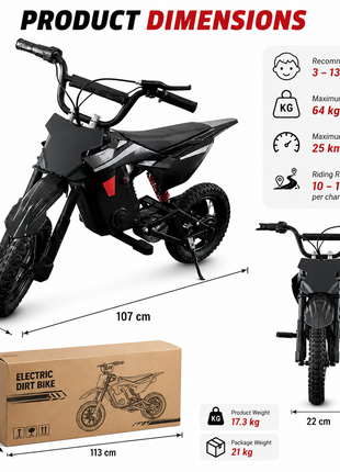 Kids Electric Dirt Bike 24V 250W Electric Motorcycle with 3 Speed Modes, IPX4, 25 km/h, 10–15 km Range, Ages 3–13