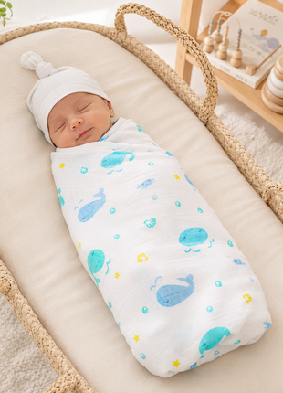 Cotton Muslin Swaddle Blanket, White & Blue Sea Animal Design