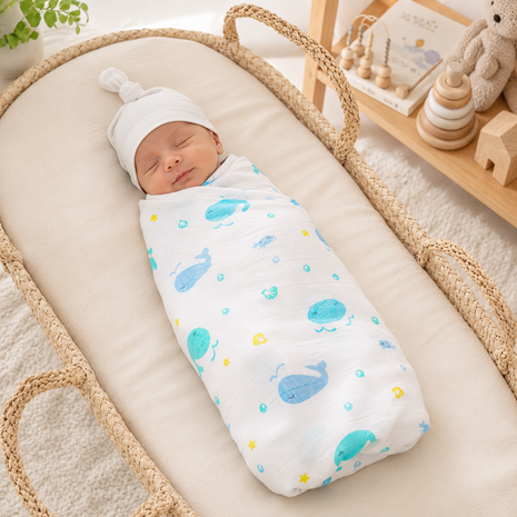 Cotton Muslin Swaddle Blanket, White & Blue Sea Animal Design