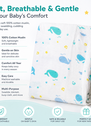 Cotton Muslin Swaddle Blanket, White & Blue Sea Animal Design