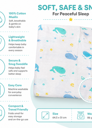 Cotton Muslin Swaddle Blanket, White & Blue Sea Animal Design