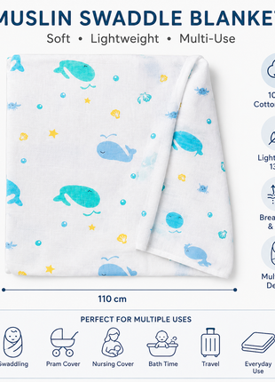Cotton Muslin Swaddle Blanket, White & Blue Sea Animal Design