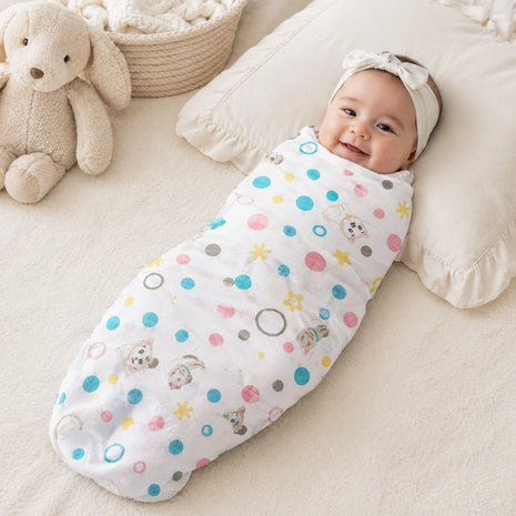 Cotton Muslin Swaddle Blanket, With Pastel Puppy Dots Print