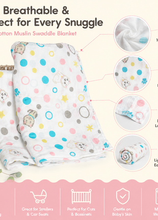 Cotton Muslin Swaddle Blanket, With Pastel Puppy Dots Print