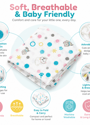 Cotton Muslin Swaddle Blanket, With Pastel Puppy Dots Print