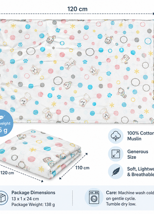 Cotton Muslin Swaddle Blanket, With Pastel Puppy Dots Print