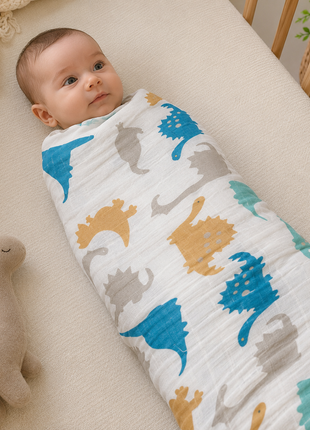Cotton Muslin Baby Swaddle Blanket, Colourful Dino Adventure Print