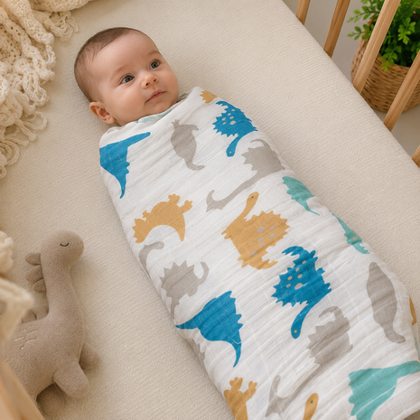 Cotton Muslin Baby Swaddle Blanket, Colourful Dino Adventure Print