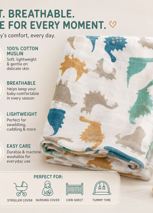 Cotton Muslin Baby Swaddle Blanket, Colourful Dino Adventure Print
