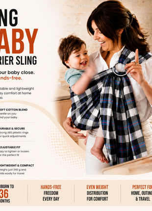 Ring Baby Carrier Sling Cotton Blend with ABS Plastic Rings- Plaid