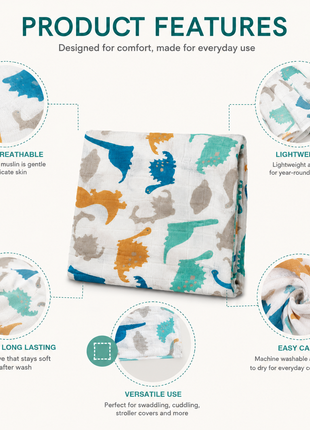 Cotton Muslin Baby Swaddle Blanket, Colourful Dino Adventure Print