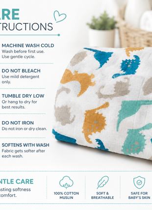 Cotton Muslin Baby Swaddle Blanket, Colourful Dino Adventure Print