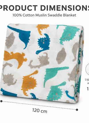 Cotton Muslin Baby Swaddle Blanket, Colourful Dino Adventure Print