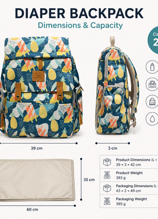 Diaper Backpack Bag 25L Waterproof, Bottle Holders & Wipe Pocket tropical summer fruit and popsicle pattern