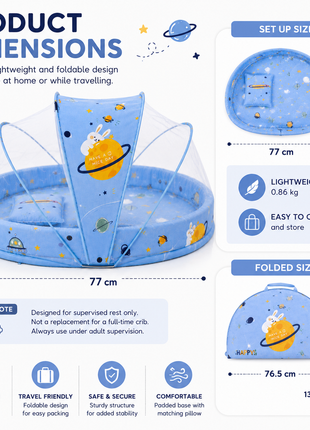 Baby Mosquito‑Net Bed 90 × 55 cm Padded Travel Mattress & Pillow – Cotton/Mesh Blend