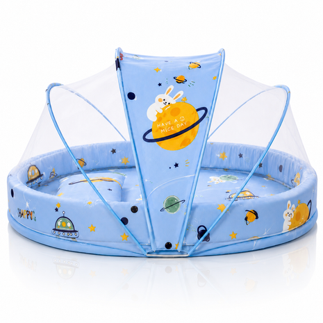 Baby Mosquito‑Net Bed 90 × 55 cm Padded Travel Mattress & Pillow – Cotton/Mesh Blend