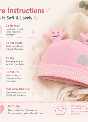 Newborn Cotton Bear Ear Baby Hat, Pink Tree Ear Infant Cap, Soft Warm Antistatic Beanie