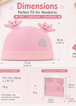 Newborn Cotton Bear Ear Baby Hat, Pink Tree Ear Infant Cap, Soft Warm Antistatic Beanie
