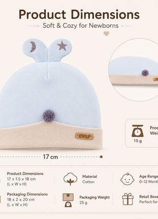 Newborn Cotton Bear Ear Baby Hat, Blue Animal Ear Infant Cap, Soft Warm Antistatic Beanie