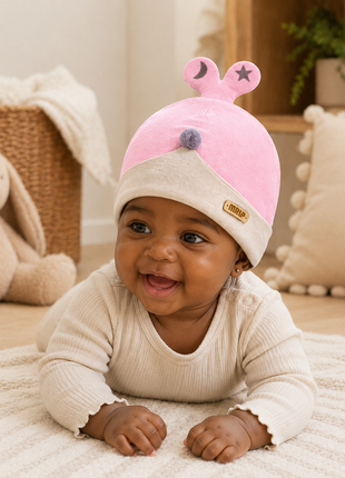 Newborn Cotton Bear Ear Baby Hat, Pink Star Ear Infant Cap, Soft Warm Antistatic Beanie