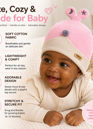 Newborn Cotton Bear Ear Baby Hat, Pink Star Ear Infant Cap, Soft Warm Antistatic Beanie