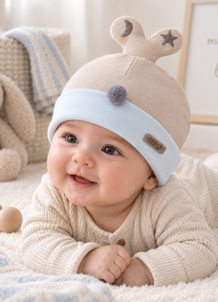 Newborn Cotton Bear Ear Baby Hat, Cream Animal Ear Infant Cap, Soft Warm Antistatic Beanie