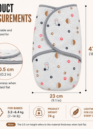 100% Cotton Baby Swaddle with Hook-and-Loop (Velcro) Fastening Small/Medium 3.2–6.4 kg Soft Breathable Baby Wrap -Grey