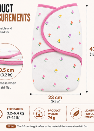 100% Cotton Baby Swaddle with Hook-and-Loop (Velcro) Fastening Small/Medium 3.2–6.4 kg Soft Breathable Baby Wrap - Flowers