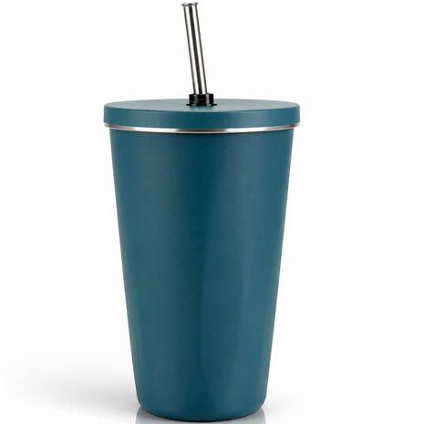 600ml Vacuum Insulated Stainless Steel Tumbler Cup with Lid & Reusable Straw- Blue