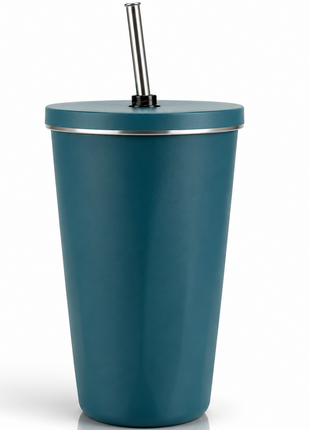 600ml Vacuum Insulated Stainless Steel Tumbler Cup with Lid & Reusable Straw- Blue
