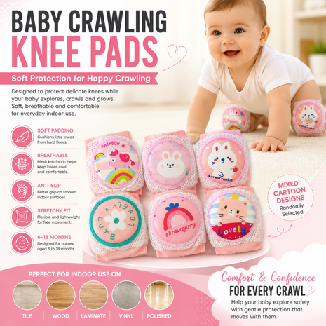 Baby Crawling Knee Pads – Soft Mesh Anti-Slip Cushioned Protectors – Breathable Cotton-Blend – Mixed Cartoon - Strawberry 1