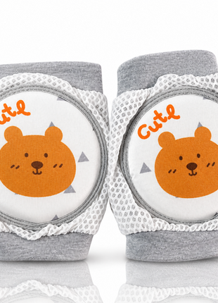 Baby Crawling Knee Pads – Soft Mesh Anti-Slip Cushioned Protectors – Breathable Cotton-Blend – Mixed Cartoon - Bear Grey