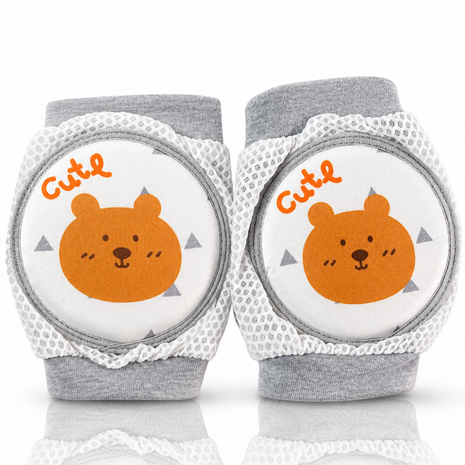 Baby Crawling Knee Pads – Soft Mesh Anti-Slip Cushioned Protectors – Breathable Cotton-Blend – Mixed Cartoon - Bear Grey